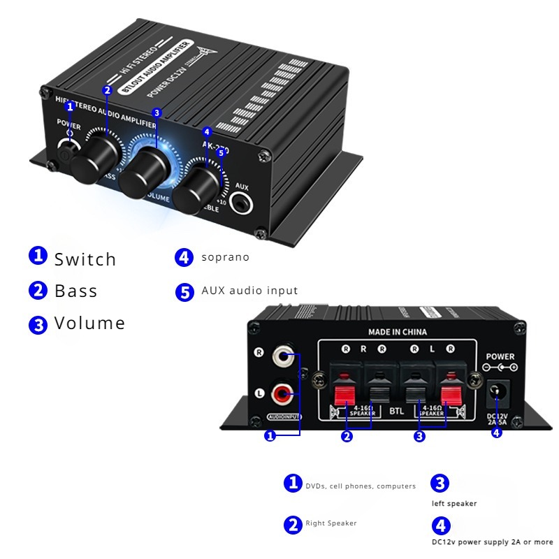 Mini wzmacniacz samochodowy do głośników, 2-kanałowy, DC12V, wysokotonowy, stereo, sprzęt audio do samochodu, komputera, popularny sprzęt audio, wejście MP3, wejście do telefonu komórkowego.