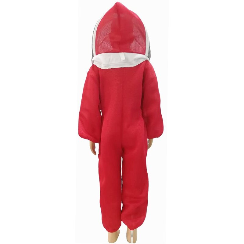 Children's Full-Body Ventilated Bee Suit-Cotton Red White Beekeeper Overalls with Automatic Veil Cover (120cm Height)