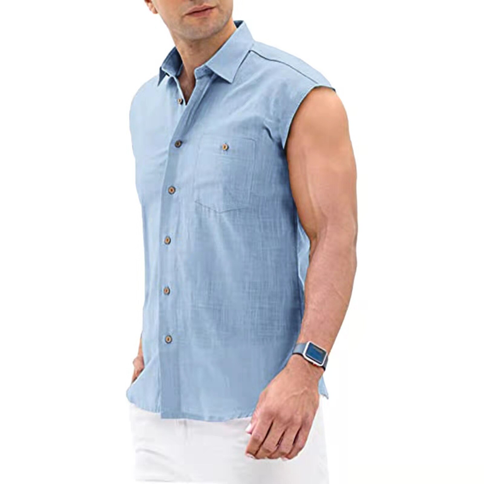 Nouvelle chemise d'été pour hommes, nouvelle , sans manches, solide, col rabattu, boutonné, lin, coton, hauts hommes Harajuku Streetwear