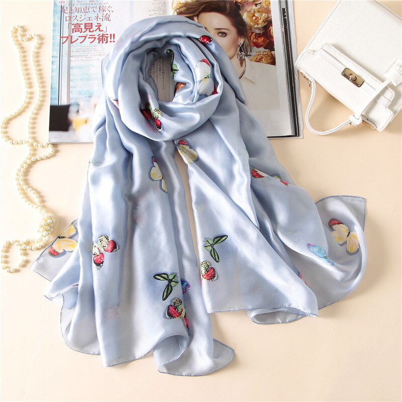Mærke sommer kvinder tørklæde blød sommerfugletryk lange sjaler silketørklæder indpakker pashmina bandana strand hijab: Fs07 lyseblå