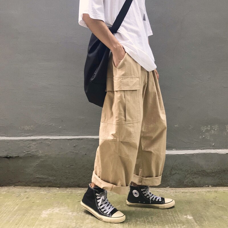 Menn casual straight japanske cargo bukser herre løs collage brede ben bukser menn streetwear bukser rumper