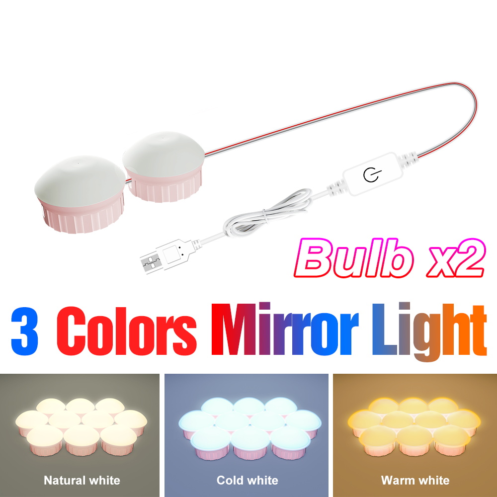 LED Makeup Mirror Lamp USB Bathroom Dressing Table Light Bulb Dimmable Hollywood Vanity Mirror Lamp For Home Decoration Lighting: 3 Colors 2 Bulbs