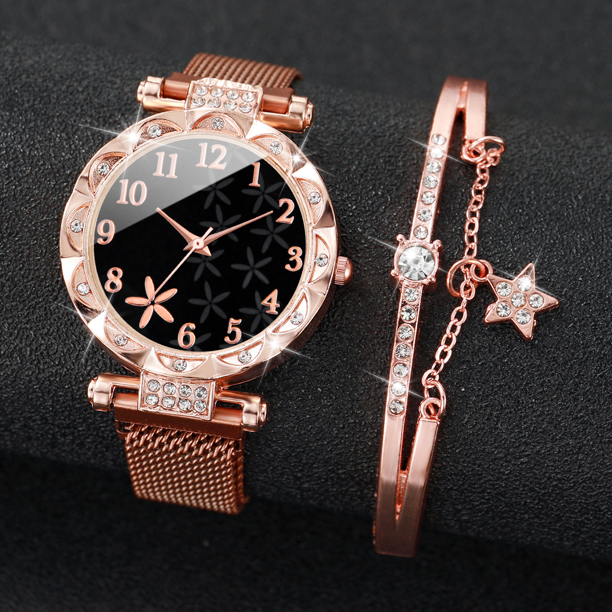 2 Teile/satz Blume Zifferblatt frauen Uhr Magnet Schnalle Gittergewebe Band Quarz Uhren Stern Armbinde einstellen (Ohne Kasten)