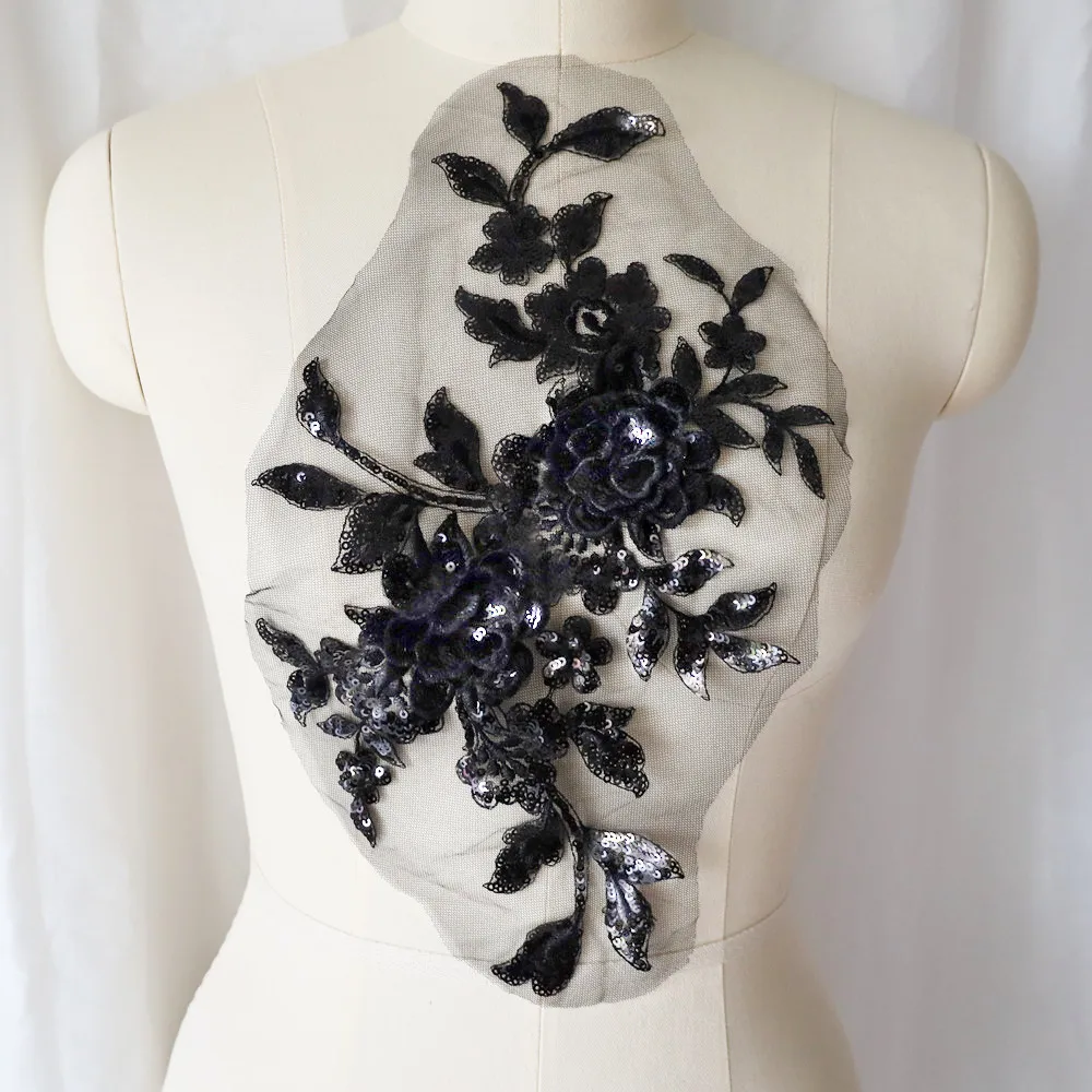 Lantejoulas bordadas flor aplique renda tecido guarnição gola de malha vestido de noiva de casamento remendo de costura vestido de festa decoração artesanato faça você mesmo: Laser brilhante