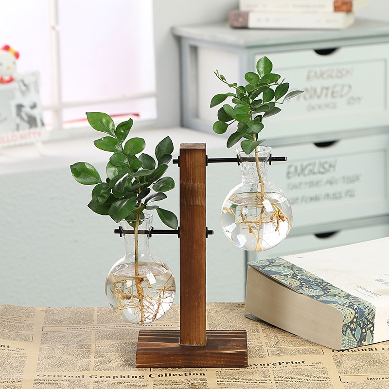 Terrarium hydroponiske planter vaser vintage blomsterpotte gennemsigtig vase træramme glas bordplante planter hjem bonsai indretning: Dobbeltflaske