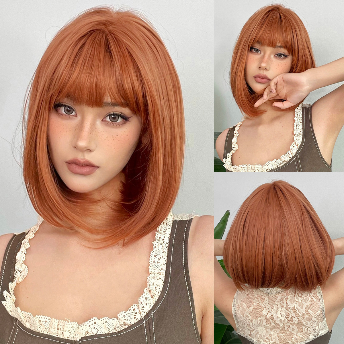 Short Layered Synthetic Wig Ombre Brown Medium Length Straight Natural Looking Hair Wig with Bangs Heat Resistant for Women Afro: Brown