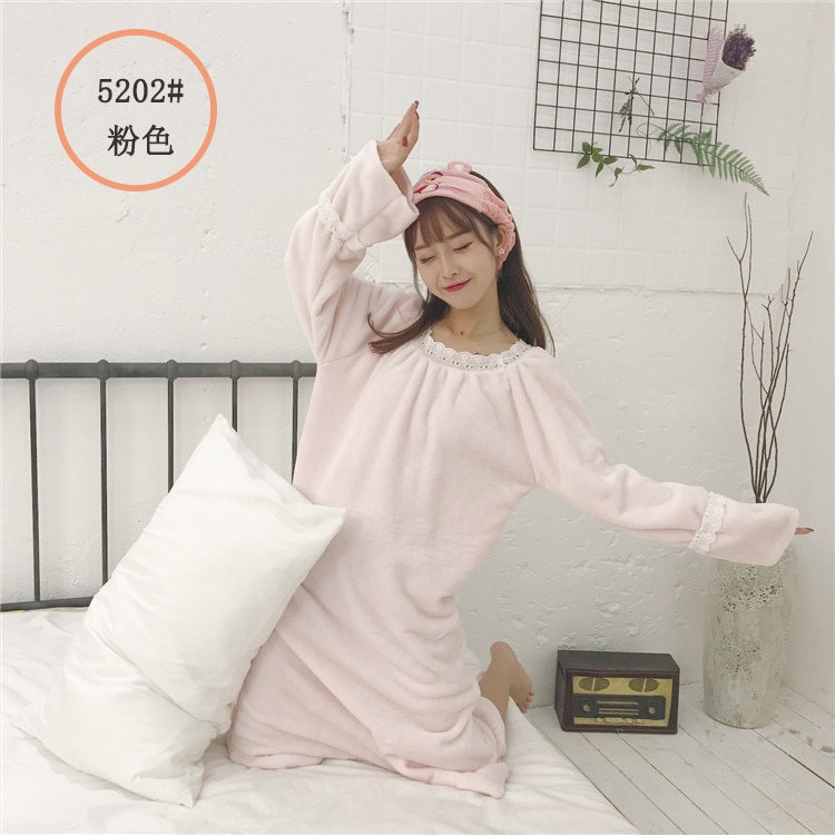 Camisones estampados Kawaii para mujer, ropa para casa suave de terciopelo Coral con volantes, holgados e informales de princesa, para Otoño e Invierno: 5202 pink