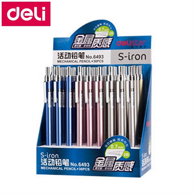 3 unids/lote Deli lápiz mecánico 6492 #0,5mm 6493 #0,7mm lápiz Auto Metal caso pencial 3 colores de la superior Deli