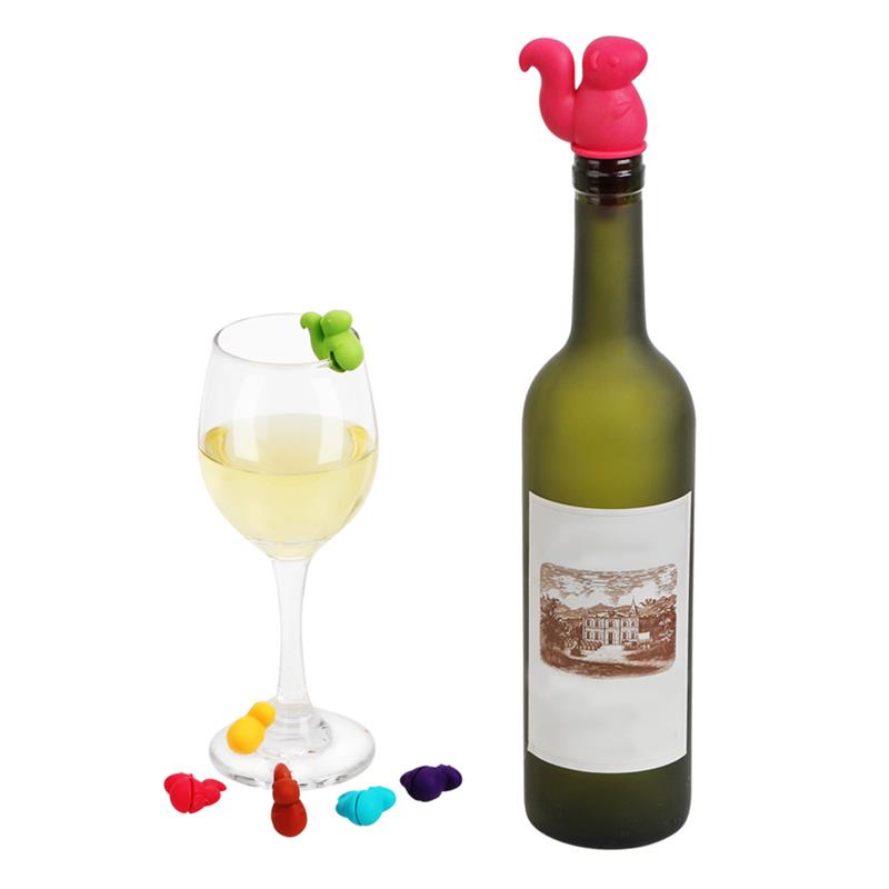 1 Pc Wijn Stop Lekkage-Proof Eekhoorn Flessenstop Met 6 Pcs Wine Glass Charm Bar Accessoires Gereedschap willekeurige Kleur