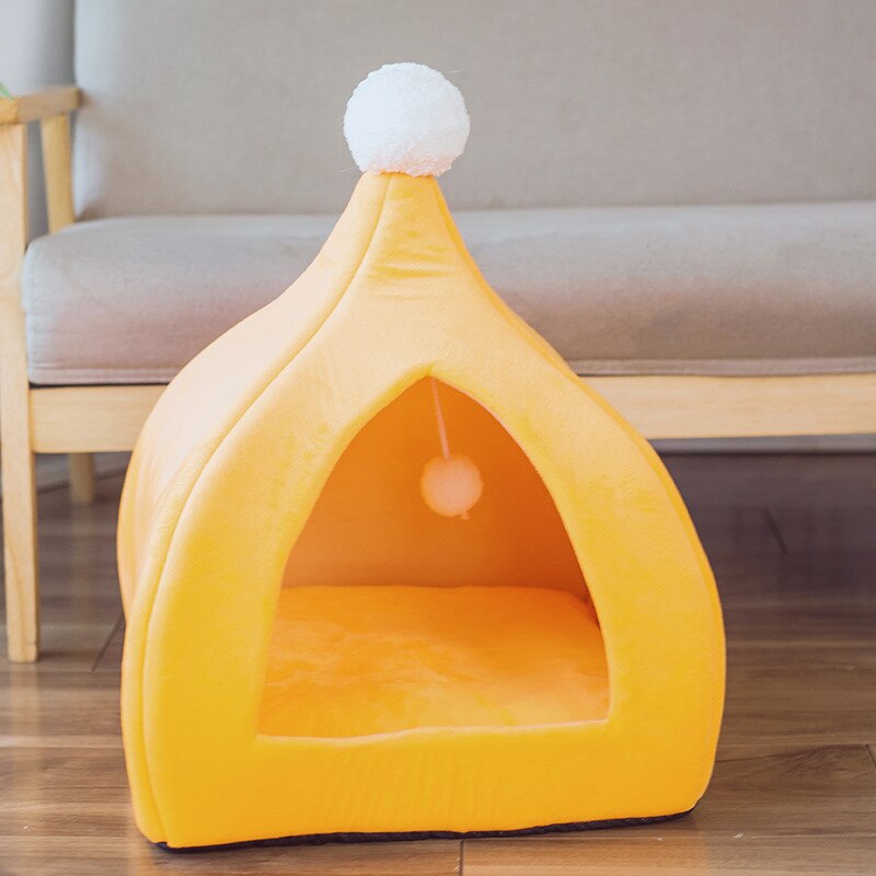 Stylish Cat Cave Bed 2-in-1 Indoor Cat Tent House for Small Medium Kitten Dog Bed Hut with Removable Cushion Microfiber Pet Beds: Yellow / L - for 10kg