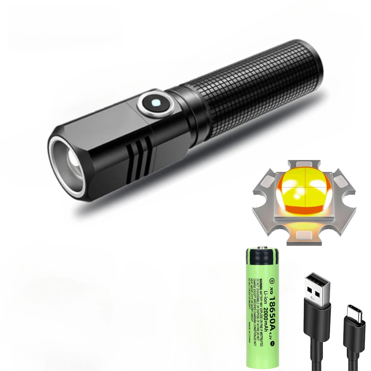 mini-lommelykt xhp 50 ledet usb c oppladbar 16340 18650 batterilommelykt 1500lm kraftig lommelykt kan lukkes med ett klikk: Kald hvit