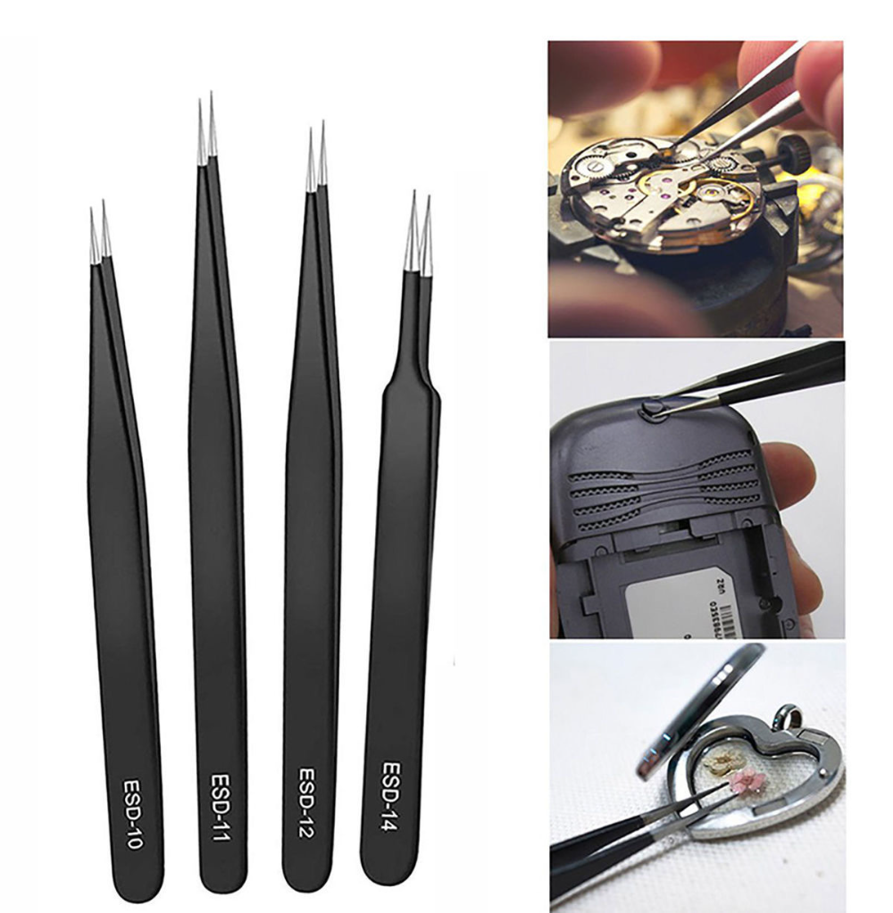Juego de pinzas de precisión ESD, herramientas de reparación de pinzas antiestáticas de acero inoxidable para reparación electrónica, herramientas artesanales de soldadura, 6 uds.