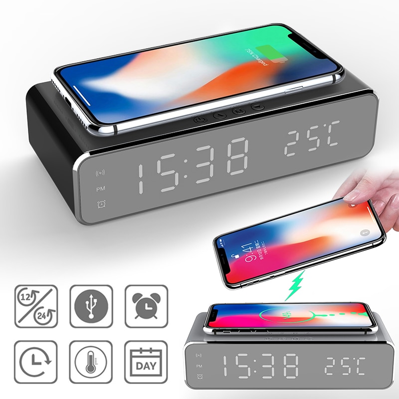 3-In-1 Telphone Draadloze Oplader Elektrische Led Wekker Thermometer Disaplay Qi Standaard Voor Ios Android