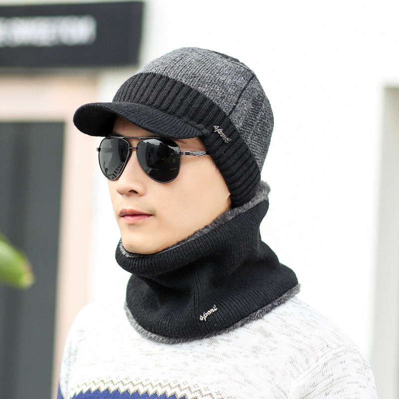 Herfst Winter Mannelijke Hoeden Sets Warm Gebreide Wollen Mutsen Sjaals Pak Jongen Cap Hals Kraag Dikke Pluche Mannen Hoed Sjaal 2 stuks Set: black hat set