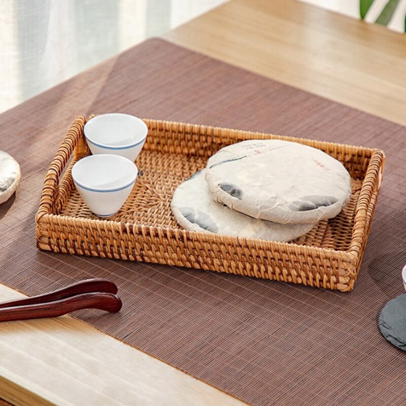 Rattan Storage Basket Snack Bread Basket Square Woven Basket Living Room Tabletop Tea Ceremony Accessory Tray