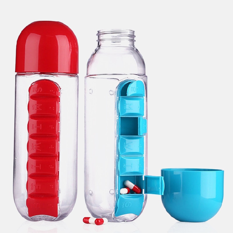 600Ml Water Plastic Fles Met Een Dag Organizer Pillendoosje Drinken Flessen Reizen Warm Water Fles