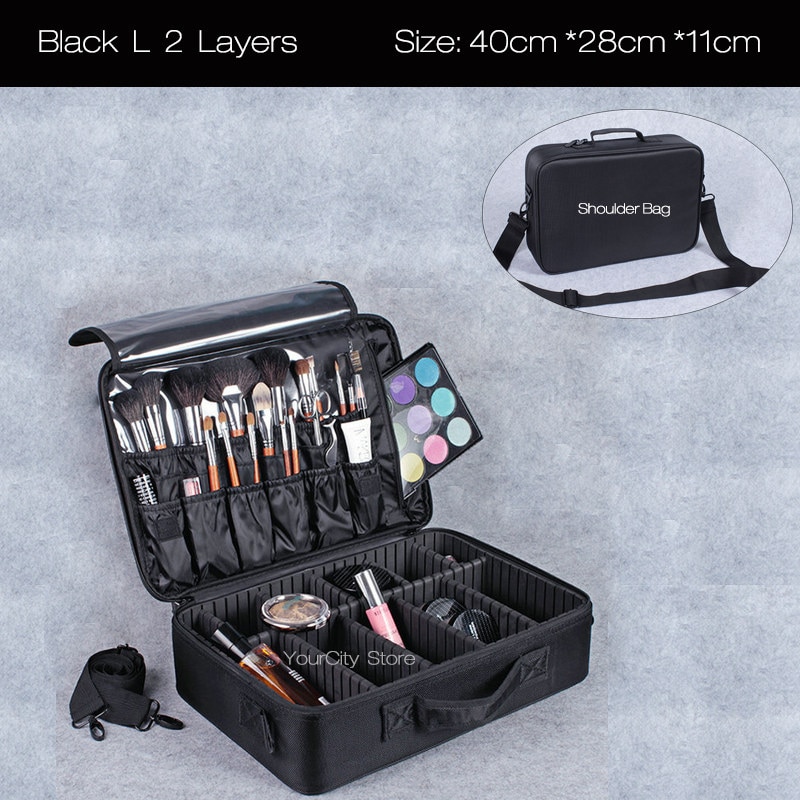 Neceser de para mujer, organizador de maquillaje de viaje, caja de maquillaje , bolsa de cosméticos, bolsas, estuche de belleza para artista de maquillaje: Black L 2 Layers