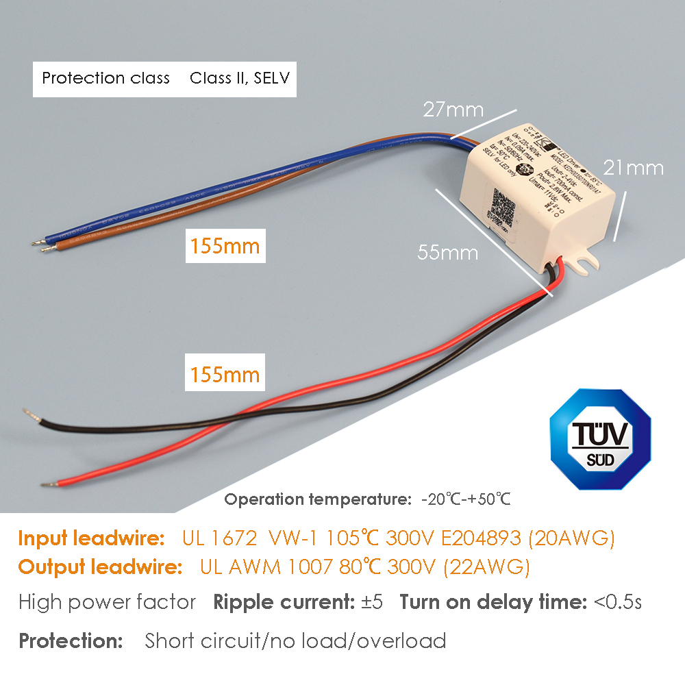 Controlador pequeño Fuente de alimentación de 700 mA para lámpara de pared Transformador de cama SELV lineal 3030 LED de 3-9 V con cable UL de 150 mm para mini luces