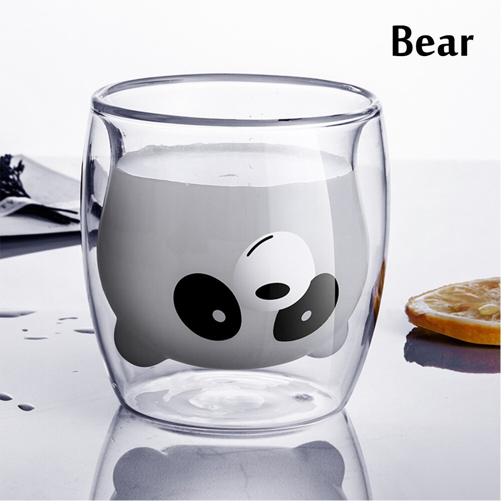 3D 2-Tier Double Wall Glass Cup Coffee Mug Panda Shiba Inu Water Bottle Heat-Resistant Tea Cup Milk Lemon Juice Cup Drinkware: Clear Panda