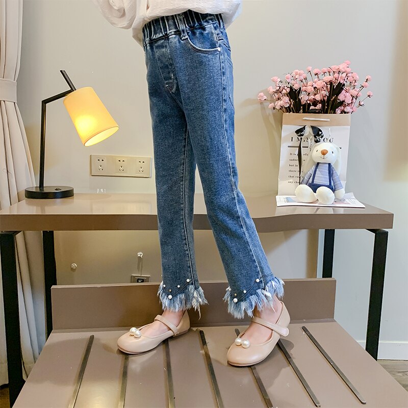 Trend Kids 3 4 6 8 10 11 12 Years Girls Jeans Pearl Beaded Tassel Denim Pants Wild Slim formal trousers Boot cut Jeans pantalone