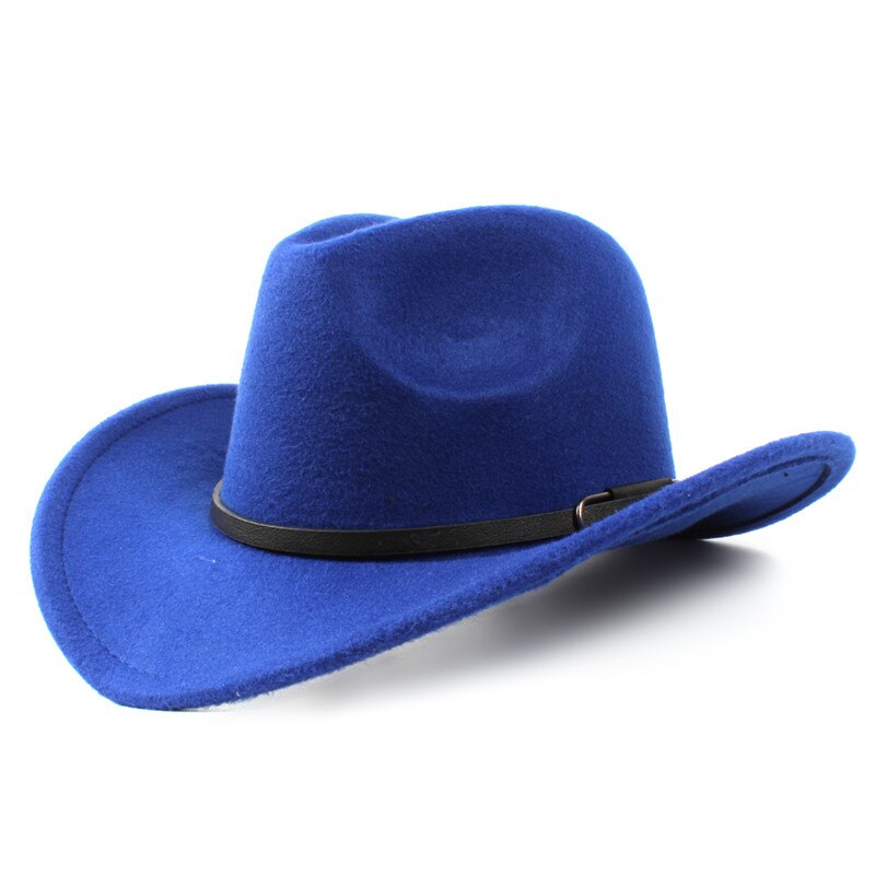 Vintage uld kvinders mænds vestlige cowboy hat til gentleman lady vinter jazz cowgirl wide brim church sombrero caps størrelse 56-57cm: Blå