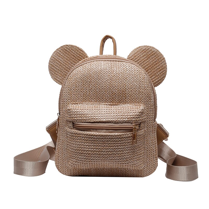 Mochila de felpa con orejas de oso para mujer, bolso de piel sintética para los hombros, bonito bolso peludo para mujer, Mini mochila para chica, novedad de invierno: Khaki Straw Backpack