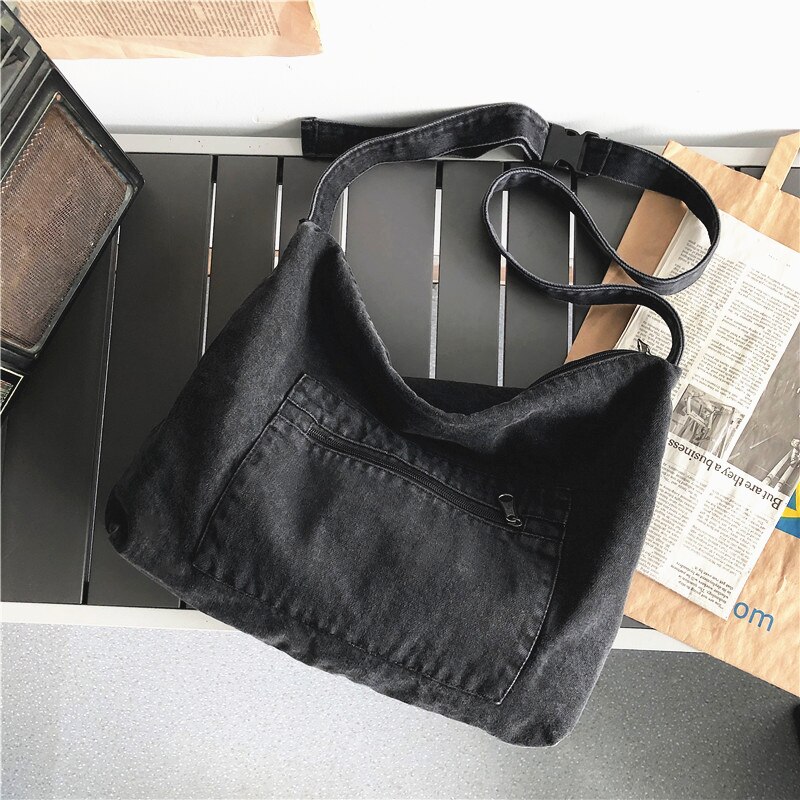 Student Casual Daily Jeans Shoulder Bag Female Teenager High Street Tide Denim Fabric Big Capacity Crossbody Messenger Bag: Black