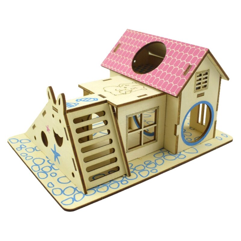 Hamster Hideout Wooden Hut Small Animals Double Layer Villa Rat Room House Cage: G