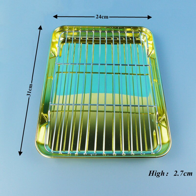 Stainless Steel Rectangle Plate with Net Rack Restaurant Fish BBQ Fried Chicken Cooling Serving Plate Skewers Seafood Tableware: Golden-31cm