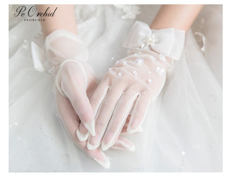 PEORCHID Bridal Gloves Wedding Short Gloves Pearl Sequins Mesh Full finger Women Party Gloves Gant Mariage Femme
