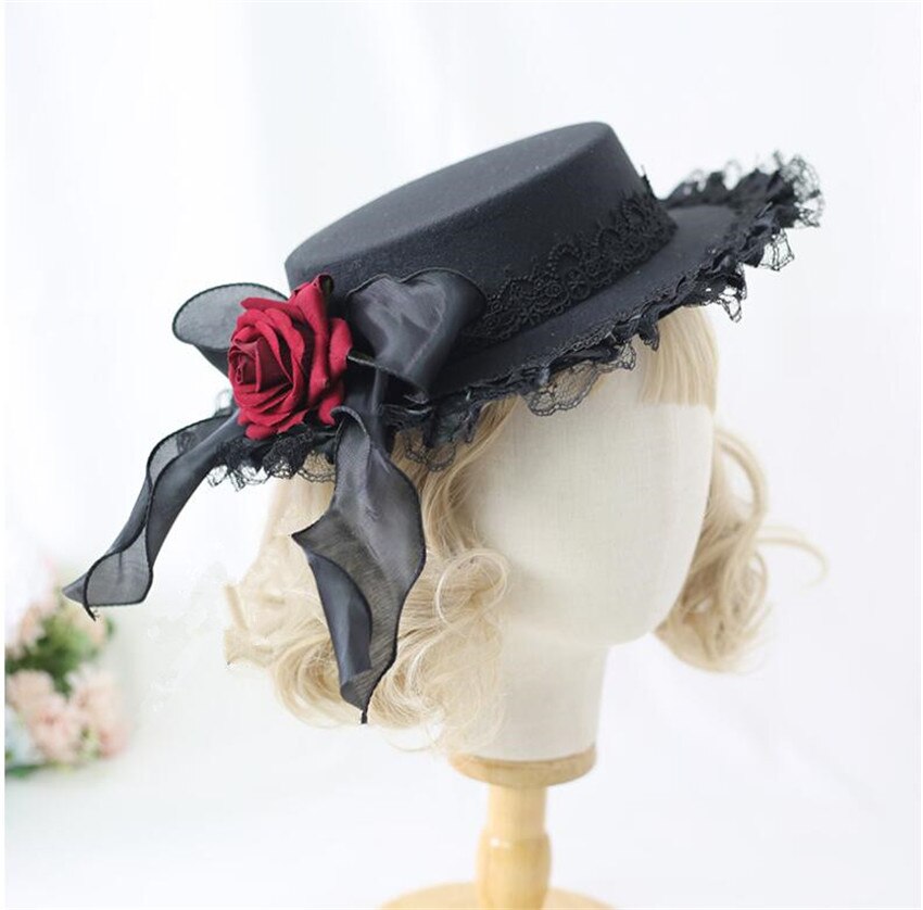 Retro Meisje Lolita Kant Bloem Roos Hoed Prachtige Elegante Thee Party Platte Cap Gothic Hoed B1747