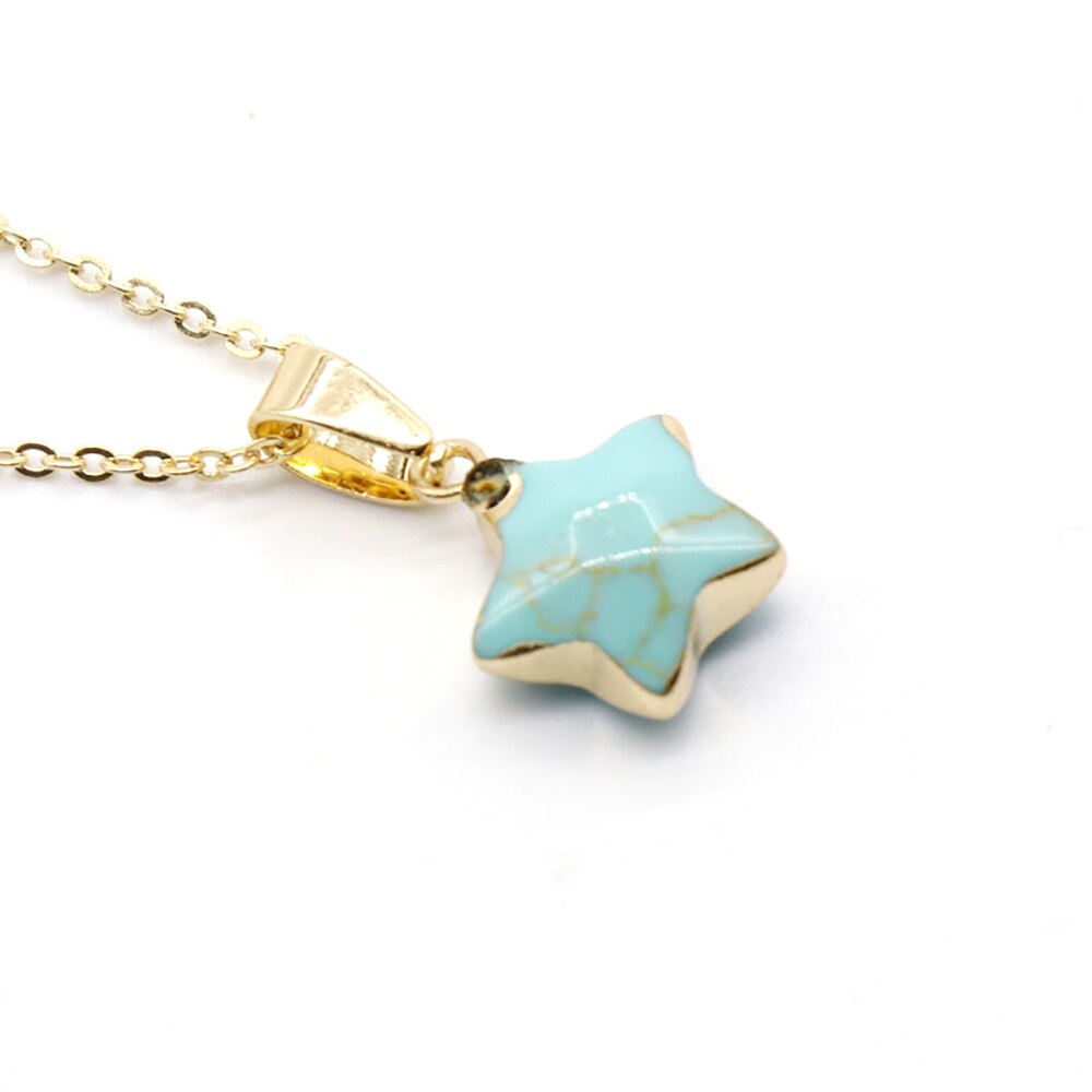 Natural Stone Rose Quartz Jade Gilt Pentagram Pendant Necklace Clavicle Chain For Jewelry MakingDIY Accessory Gem Charms Gift1PC: Blue Turquoise