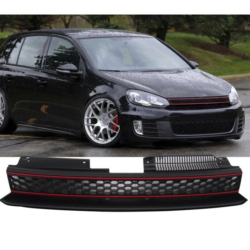 Grille for-Golf 6 MK6 , ABS Plastic Black & Red Trim Front Bumper Grill Hood Mesh