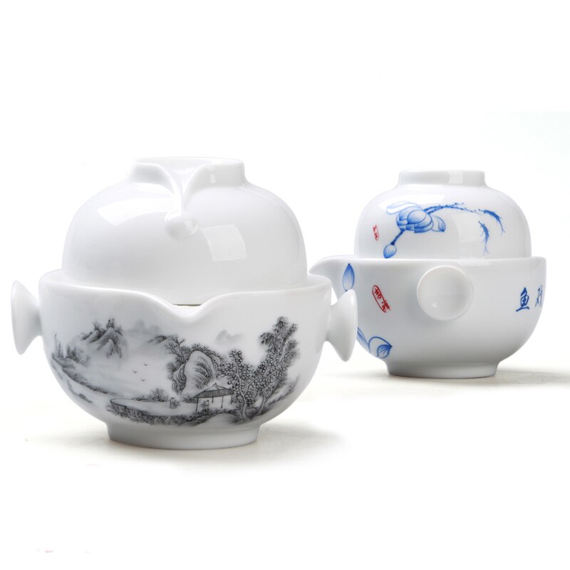 Taza de viaje de porcelana azul y blanca, juego de té incluye 1 olla 1 taza, tetera de , hermosa y fácil