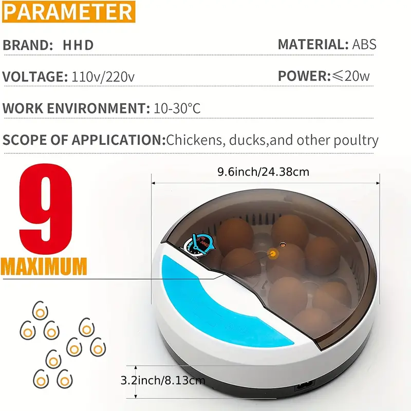 Pequeño hogar 9 incubadoras automática de temperatura constante incubadora de huevos de pollo, pato y pájaro incubadora de huevos de gallina Rutin