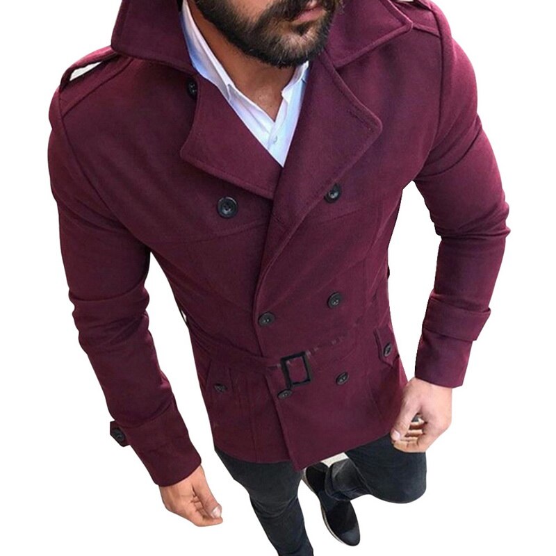 Trench Coat Men Classic Double Breasted Mens Long Coat Mens Clothing Long Jackets Coats British Style Overcoat: Wine Red / L