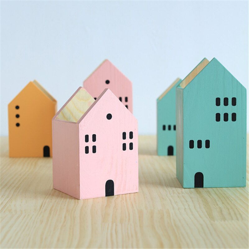 Hus form træ blyant penneholder desktop organizer opbevaringsboks container pensel pot papirvarer skole kontor tilbehør