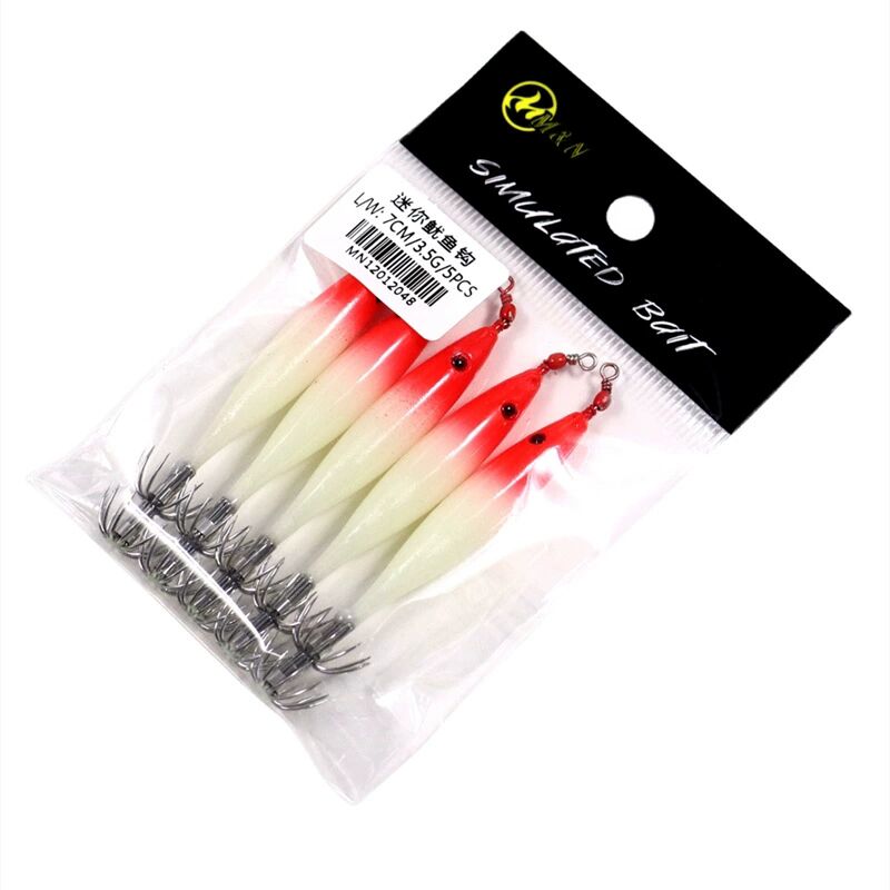 5 unids/bolsa anzuelo luminoso de calamar 7cm anzuelo de calamar brillante anzuelo de pesca de sepia pequeño Señuelos de Pesca de Mar cebo de pesca: Rojo coral