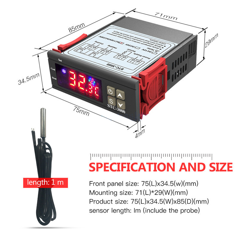 Stc -3000 12v ledet digital temperaturregulator termostatkontroll oppvarming kjølesensor fuktighetsmåler