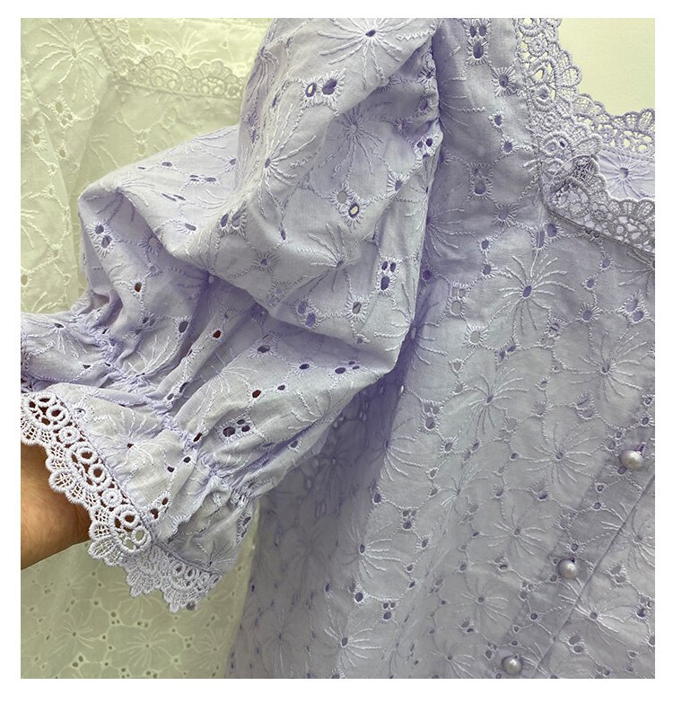 Chic broderi blondebluse kvinder toppe sommer udskæring vintage fransk firkantet krave kausal hvid skjorte kvinder blusas