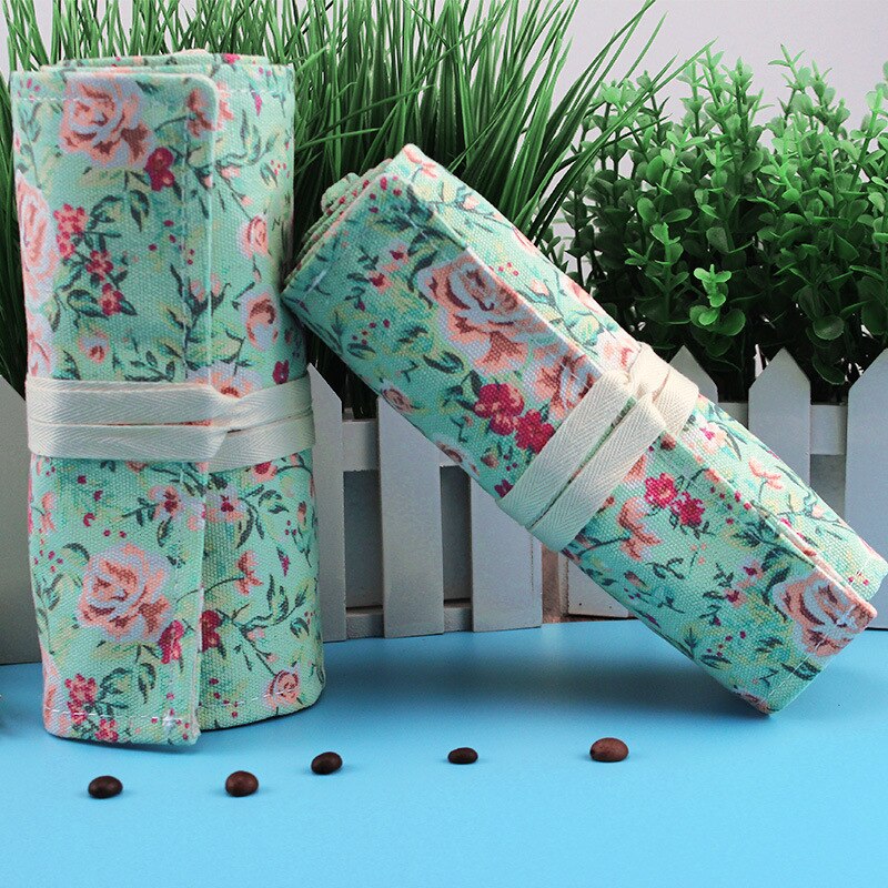 Kawaii Flower Pencil Case Canvas 12/24/36/48/72 Holes Roll School Penal Pencilcase for Girls Boys Cute Pen Case Stationery Pouch