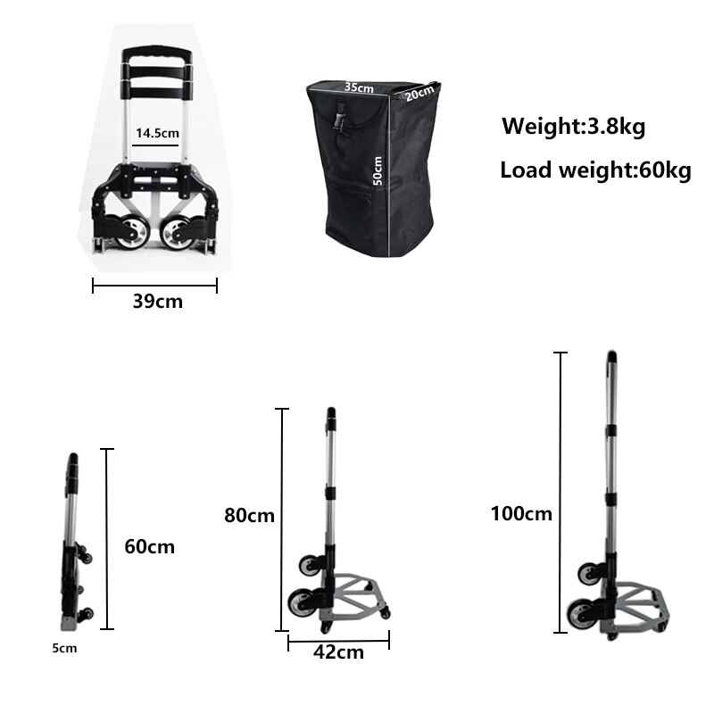 Lichter Up Aluminiumlegering Huishouden Traplopen Trolley Kleine Draagbare Opvouwbare Bagage Kar Trailer Trolley Trolley Winkelwagen