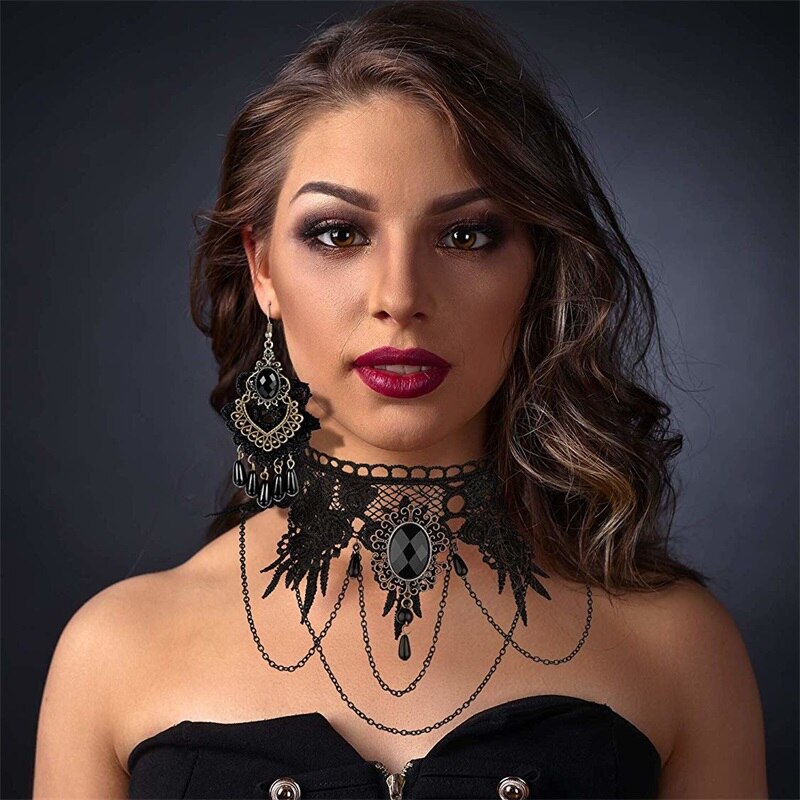 YiYaoFa-Conjunto de joyería exagerada hecha a mano, joyería gótica, collar y pendientes de encaje negro, accesorios para mujer, joyería de FYS-01