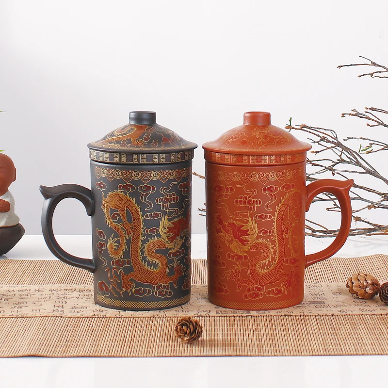 Retro Traditionele Chinese Draak Phenix Paarse Klei Thee Mok met Deksel Zetgroep Handgemaakte Yixing Zisha Thee Cup 300ml Theekopje Mok