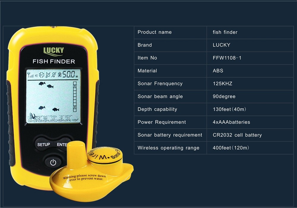 Lucky Draagbare Draadloze Fish Finder 40 M Diepte Sonar Sirene Alarm Transducer Fishfinder Met Kleurrijke Display FFW1108-1