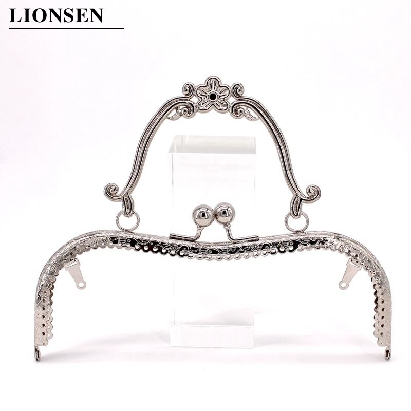 LIONSEN 20.5cm Metal Purse Frame Handle Clutch Bag Accessories DIY Kiss Clasp Lock Bronze Embossing M-shaped HandBag Hardware: Silver