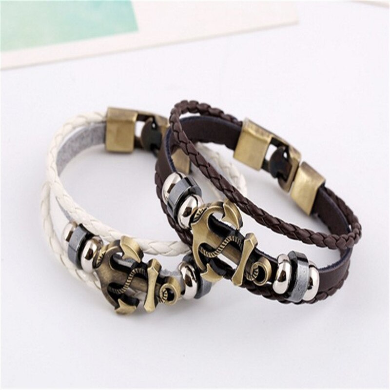 Wit/Brons Drie-Kleur Anker Accessoires Mannen En Vrouwen Punk Gevlochten Lederen Armband Sieraden Zee Charme paar Armband