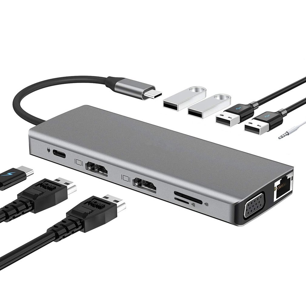 12 in usb type c dockingstation met dubbele 4k hdmi usb 3.0 usb 2.0 pd oplaad 3.5mm  rj45 aansluiting 1 dubbele tf/sd kaartsleuf usb