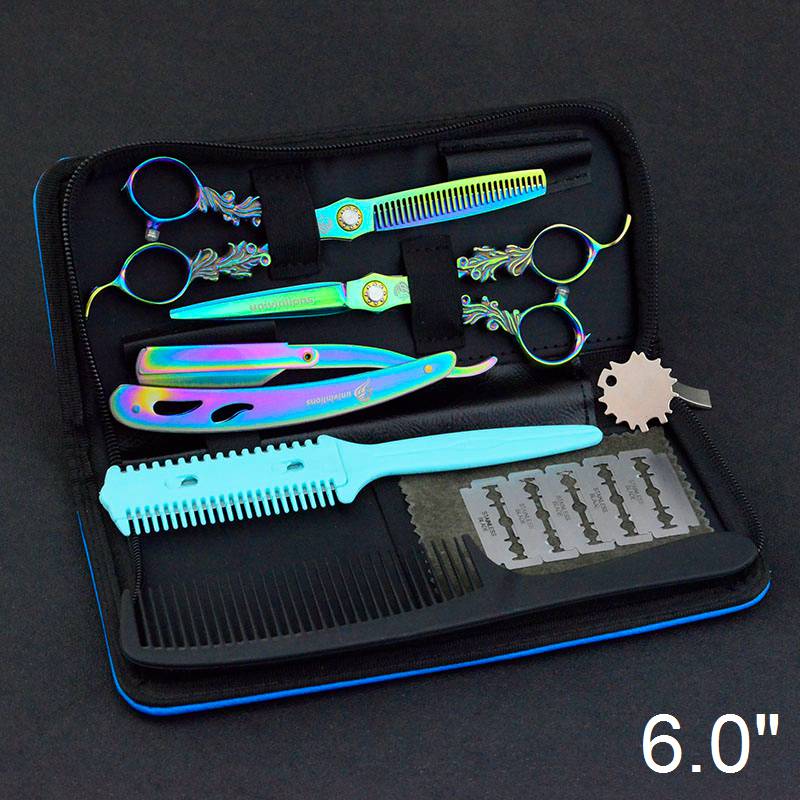 6" univinlions Rainbow 440C barber scissors hairdressing cut hairstyle salon clippers japanese hair cutting shears: 6055-Kit Razor