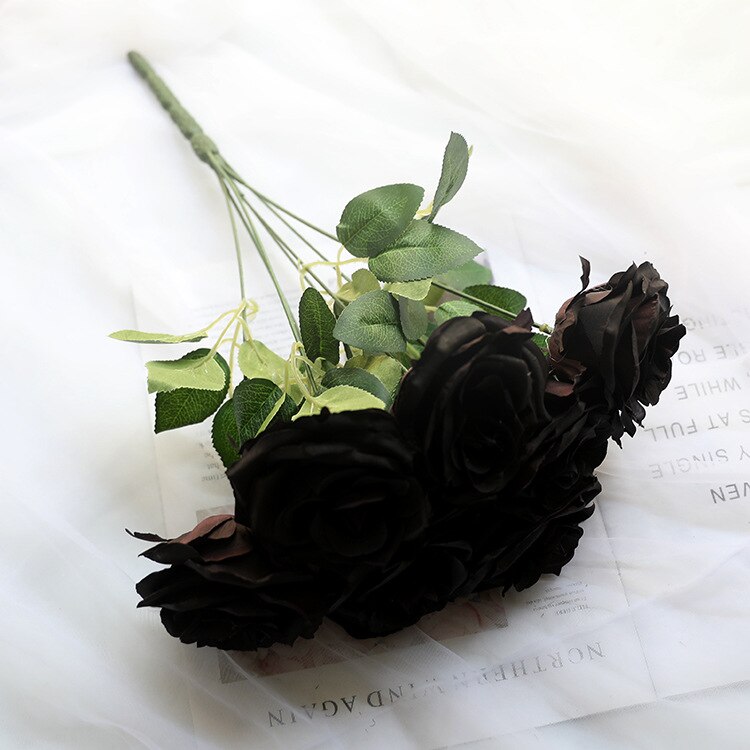 Kunstige silkeblomster sort rosenbuket krans til udformning af indretning vase faux blomster fest hjem dekoration tilbehør
